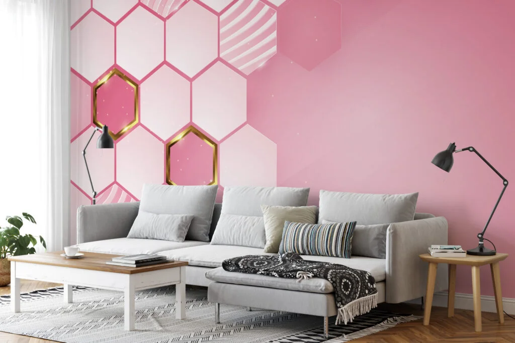 Geometrik Açık Pembe Altıgenler Duvar Kağıdı, Şık Pembe 3D Duvar Kağıdı Geometrik Duvar Kağıtları 3