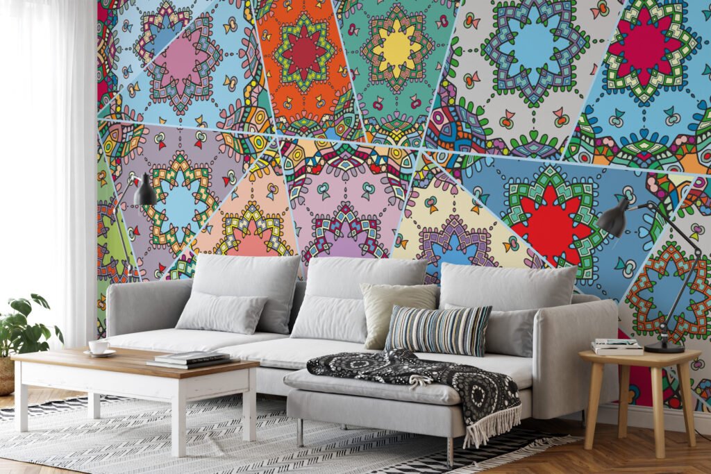 Mozaik Tarzı Renkli Soyut Duvar Kağıdı, Sanatsal Tasarım 3D Duvar Kağıdı Geometrik Duvar Kağıtları 4