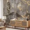 Kum Beji ve Sarı Mürekkep Sanatı Duvar Kağıdı, 3D Bej Tonlarında Mermer Duvar Posteri - Görsel 3