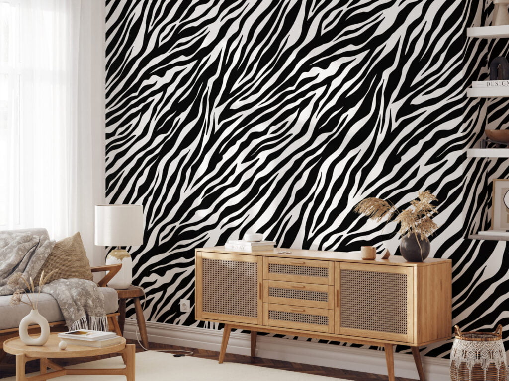 Zebra Derisi Baskı Deseni Duvar Kağıdı, Klasik Siyah & Beyaz Çizgili Tasarım 3D Duvar Kağıdı Hayvan Motifli Duvar Kağıtları 5