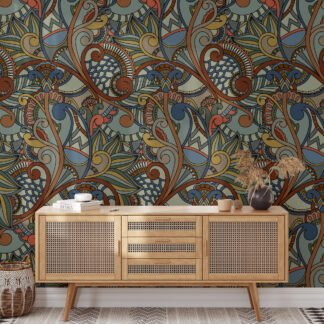 Retro Renkli Damask Desen Duvar Kağıdı, Geometrik Vintage Duvar Kağıdı 3D Duvar Posteri Klasik Desenli Duvar Kağıtları