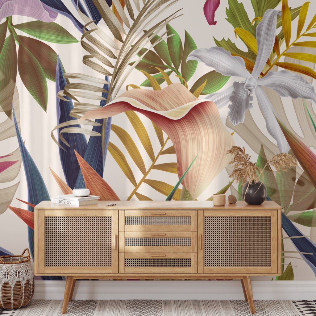 Renkli Tropik Çiçekler ve Cennet Kuşları Duvar Kağıdı, Çağdaş Doğa Esintili 3D Duvar Posteri Çiçekli Duvar Kağıtları 4
