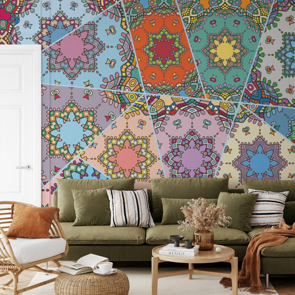 Mozaik Tarzı Renkli Soyut Duvar Kağıdı, Sanatsal Tasarım 3D Duvar Kağıdı Geometrik Duvar Kağıtları 5