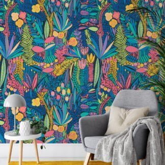 Çiçekler Doodle Desen Duvar Kağıdı, Egzotik Tropikal Duvar Kağıdı Yaprak Desenli Duvar Kağıtları