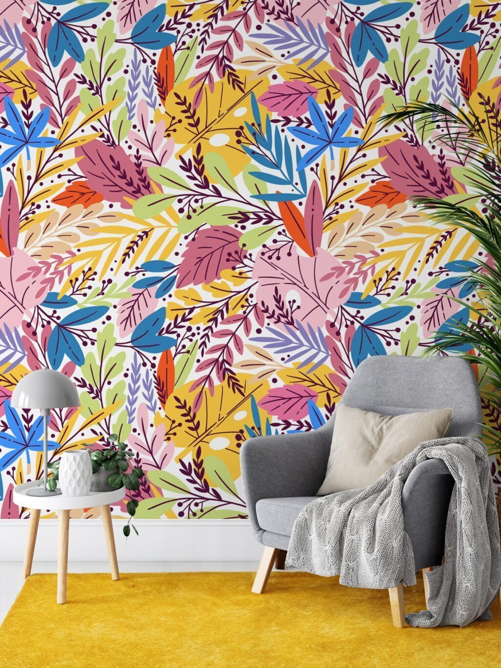 Renkli Yapraklar Duvar Kağıdı, Rengarenk Yaprak Desenli 3D Duvar Kağıdı Çiçekli Duvar Kağıtları 2