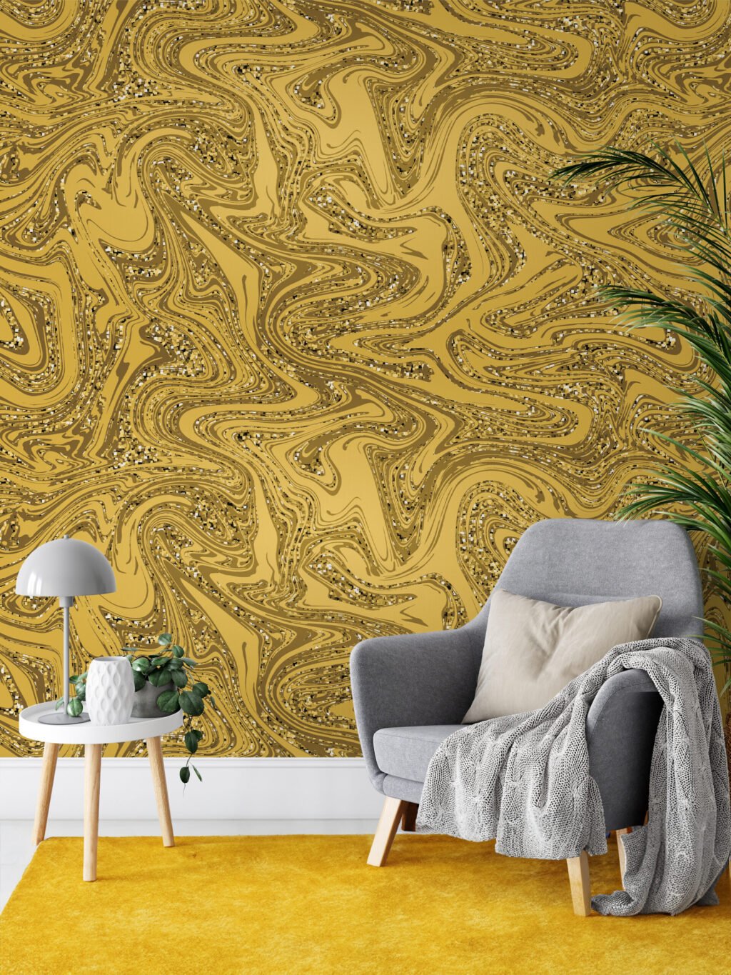 Parıltılı Altın Sarısı Mermer Desenli Duvar Kağıdı, Soyut Sıvı Altın Dalgalar Duvar Kağıdı Mürekkep Sanatı Duvar Kağıtları 2