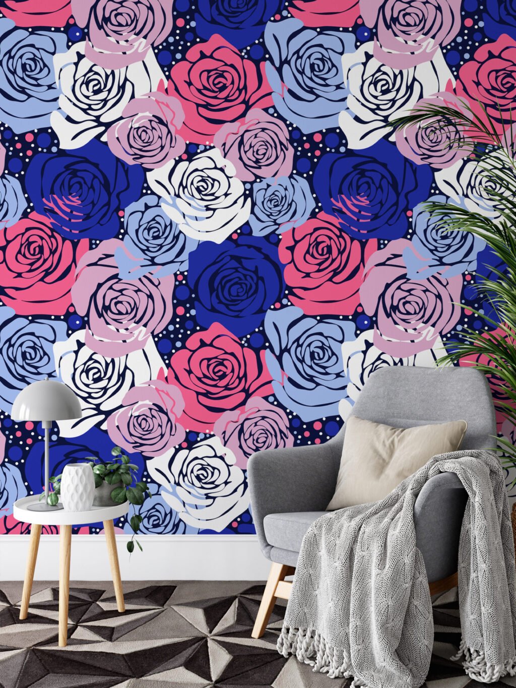 Renkli Abstract Gül Desenli Duvar Kağıdı, Cesur Mavi & Pembe Çiçek Tasarımı 3D Duvar Posteri Çiçekli Duvar Kağıtları 2