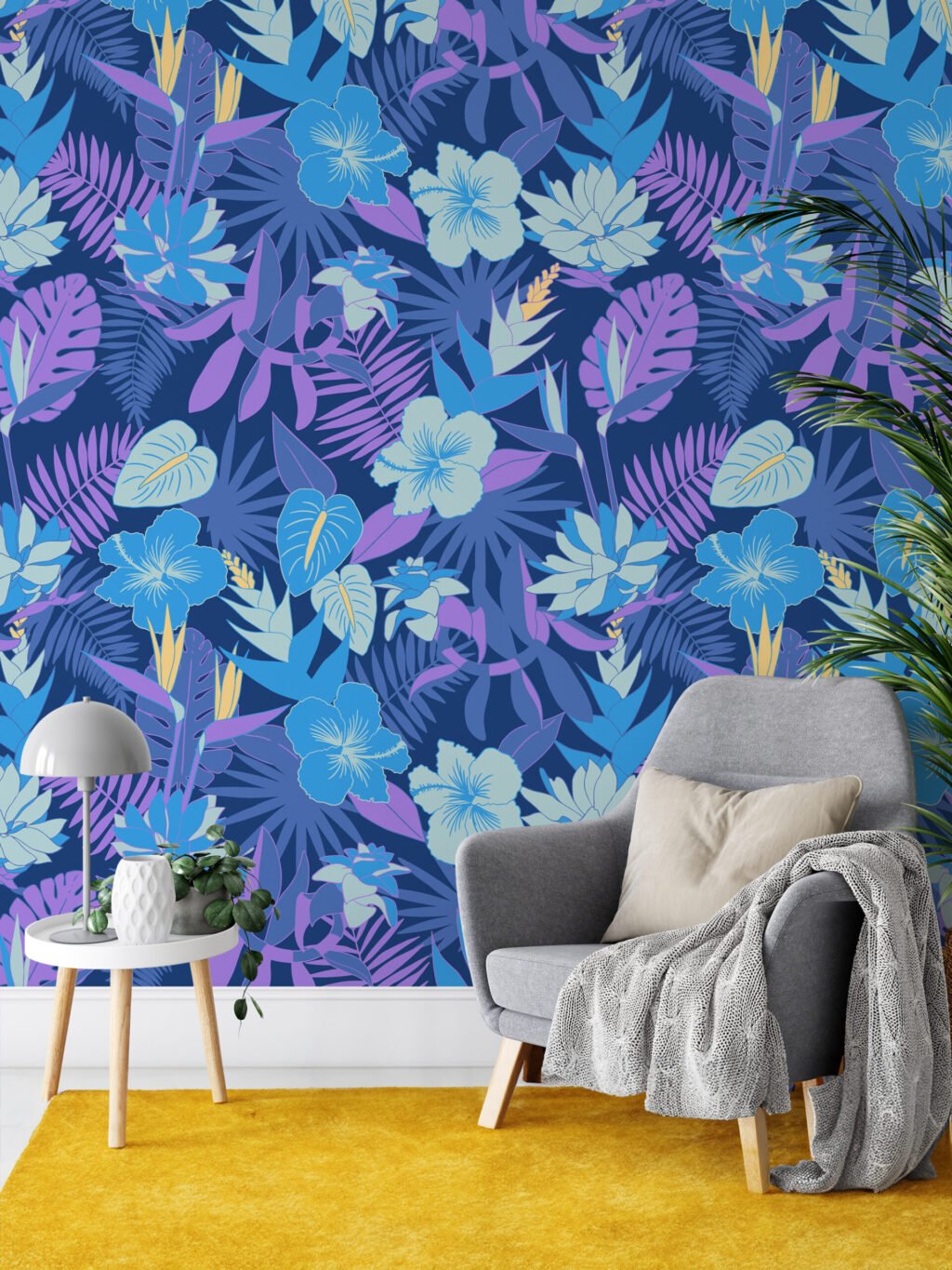 Mavi ve Mor Renkli Çiçekli Duvar Kağıdı, Canlı Tropik Gece Çiçekleri 3D Duvar Kağıdı Çiçekli Duvar Kağıtları 6