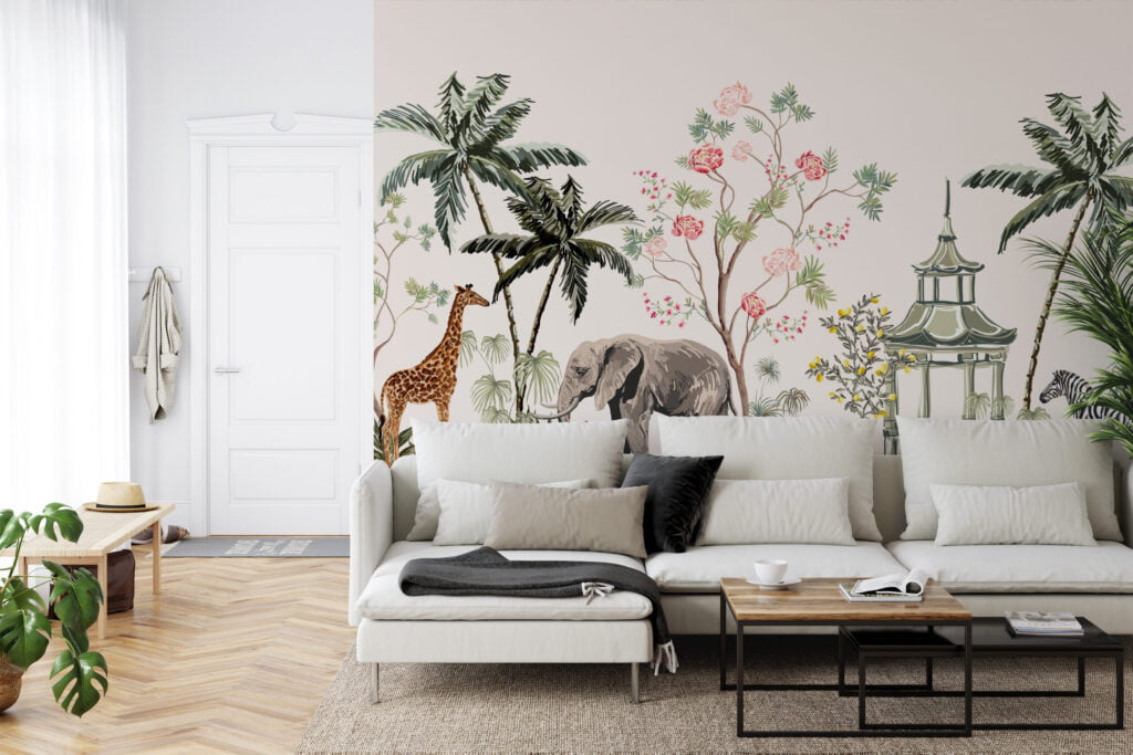 Safari Hayvanları ve Açık Zeminli Palmiye Ağaçları Duvar Kağıdı, Egzotik Hayvan Çin Sanatı Duvar Posteri Çocuk Odası Duvar Kağıtları 4