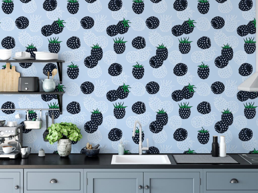 Siyah Dut Desenli Duvar Kağıdı, Eğlenceli Mavi Üzerinde Dutlar 3D Duvar Kağıdı Yiyecek & İçecek Duvar Kağıtları 3