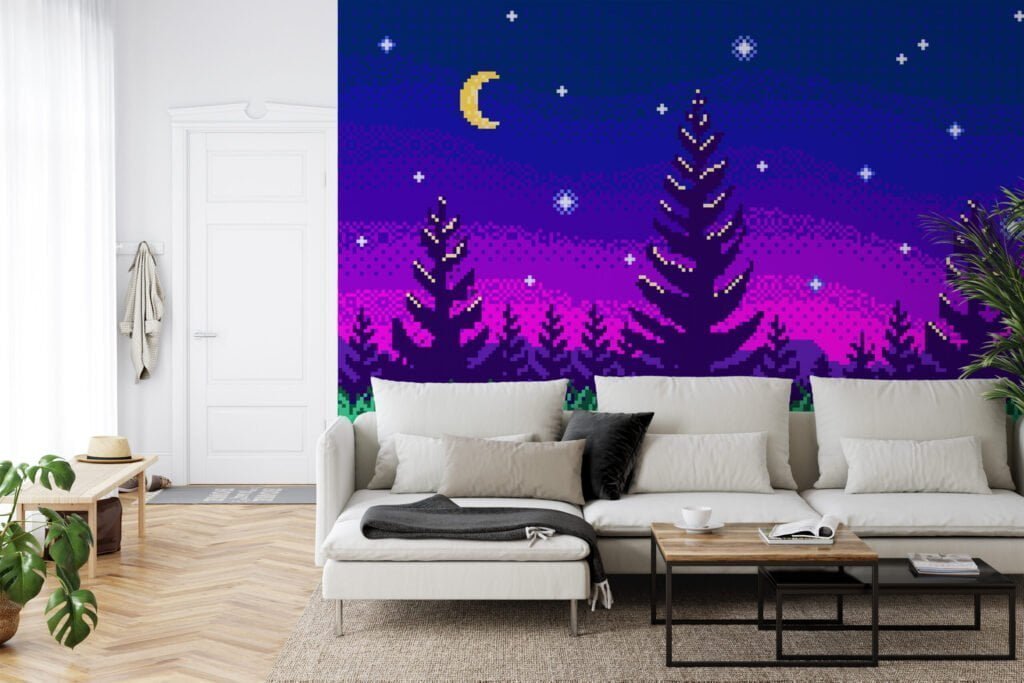 Pixel Art Gece Ağaçları Mor Gradyan Arka Plan Duvar Kağıdı, Piksel Yıldızlı Gece Ormanı 3D Duvar Posteri Pixel Art Duvar Kağıtları 2