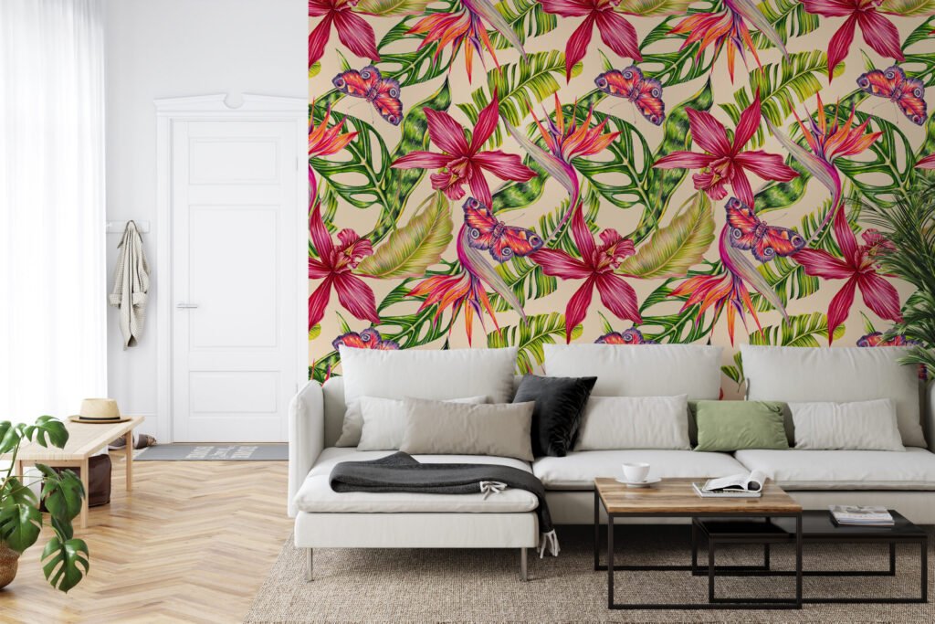 Tropikal Renkli Çiçekler ve Kelebekler Duvar Kağıdı, Egzotik Botanik Tropikal 3D Duvar Posteri Çiçekli Duvar Kağıtları 2