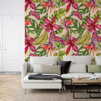Tropikal Renkli Çiçekler ve Kelebekler Duvar Kağıdı, Egzotik Botanik Tropikal 3D Duvar Posteri Çiçekli Duvar Kağıtları