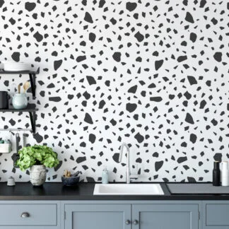 Koyu Gri Blok Desenli Duvar Kağıdı, Minimalist Terrazzo Siyah & Beyaz 3D Duvar Kağıdı Geometrik Duvar Kağıtları