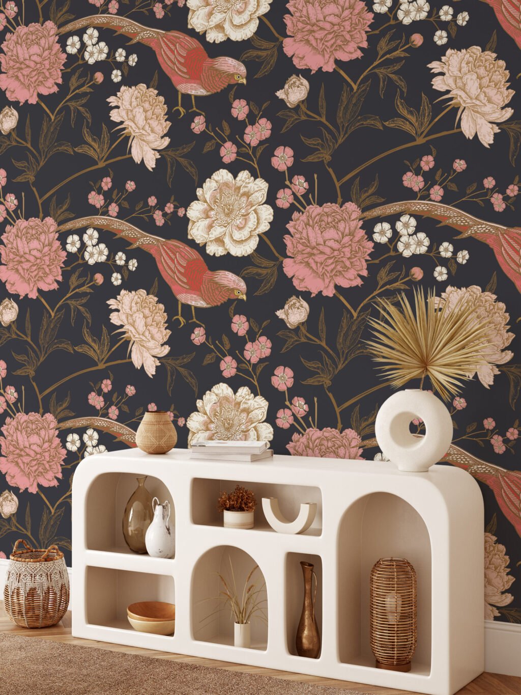 Geleneksel Stil Çiçekli Duvar Kağıdı, Gül Pembesi Kuşlar ve Koyu Zeminli Duvar Posteri Çiçekli Duvar Kağıtları 2
