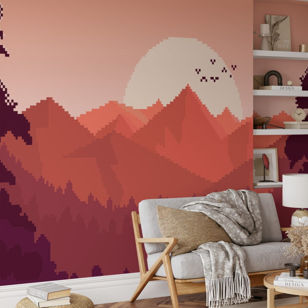 Pixel Art Gün Batımı ve Dağlar Kuşlar Duvar Kağıdı, Piksel Gün Batımı Dağları 3D Duvar Posteri Manzara Duvar Kağıtları 2