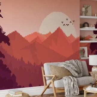 Pixel Art Gün Batımı ve Dağlar Kuşlar Duvar Kağıdı, Piksel Gün Batımı Dağları 3D Duvar Posteri Manzara Duvar Kağıtları