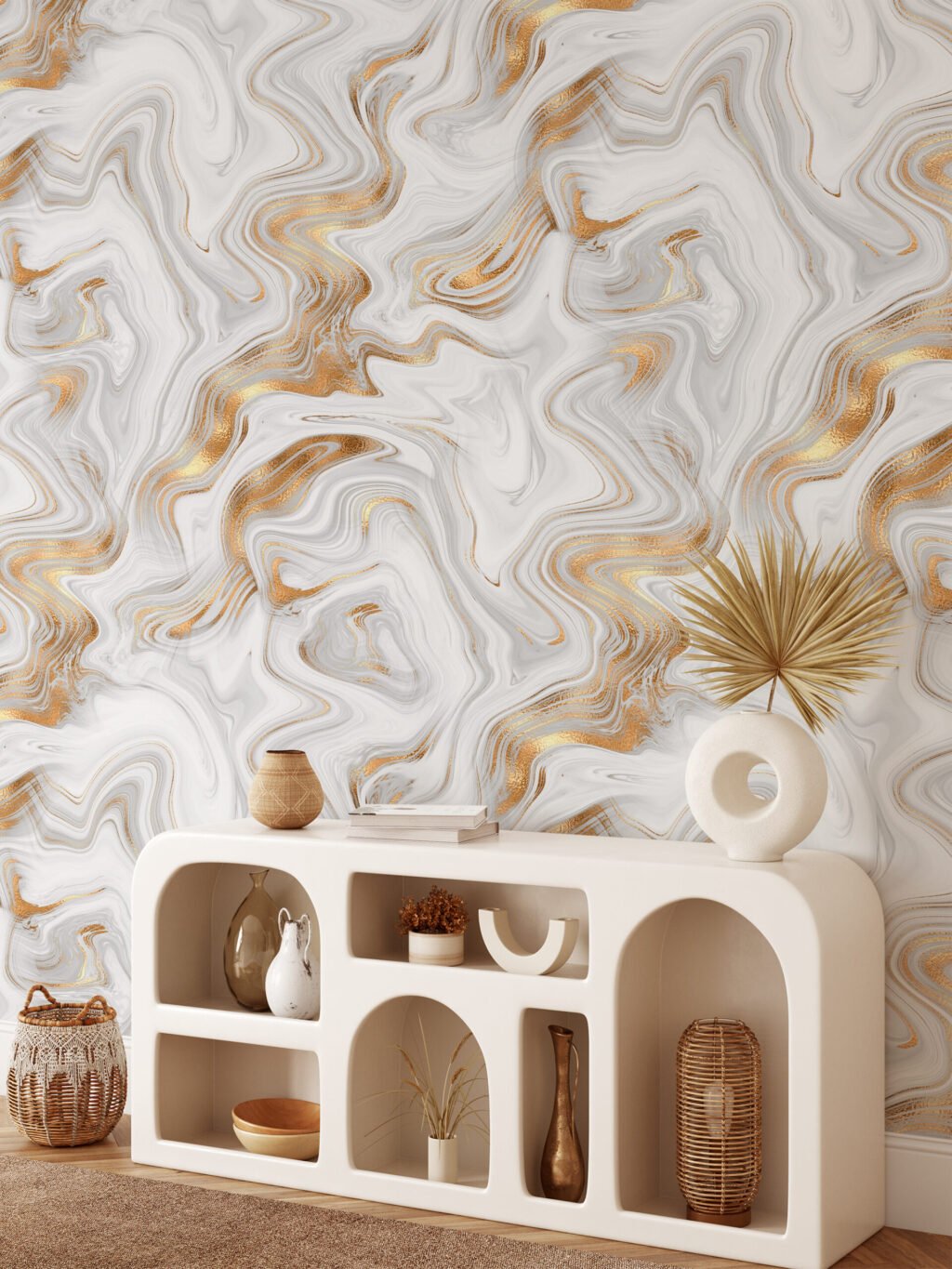 Soyut Beyaz ve Altın Spiral Duvar Kağıdı, Lüks Mermer 3D Duvar Posteri Mürekkep Sanatı Duvar Kağıtları 3