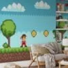 Pixel Art Oyun Seviye Platformu Dinozorlu Duvar Kağıdı, Klasik 8-bit Macera Oyun Sahnesi 3D Duvar Posteri