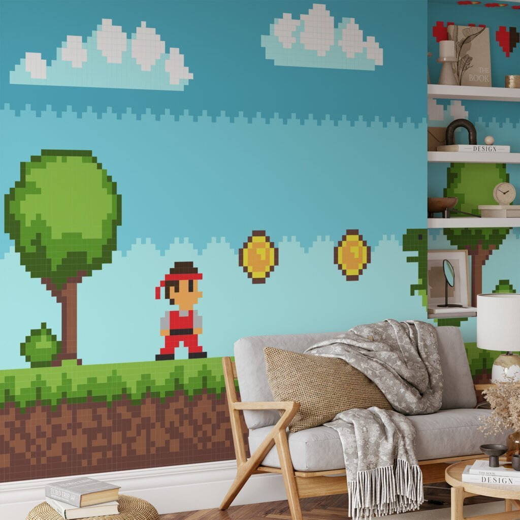 Pixel Art Oyun Seviye Platformu Dinozorlu Duvar Kağıdı, Klasik 8-bit Macera Oyun Sahnesi 3D Duvar Posteri Çocuk Odası Duvar Kağıtları 2