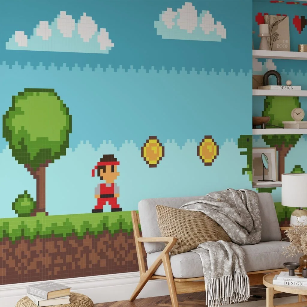 Pixel Art Oyun Seviye Platformu Dinozorlu Duvar Kağıdı, Klasik 8-bit Macera Oyun Sahnesi 3D Duvar Posteri Çocuk Odası Duvar Kağıtları 2