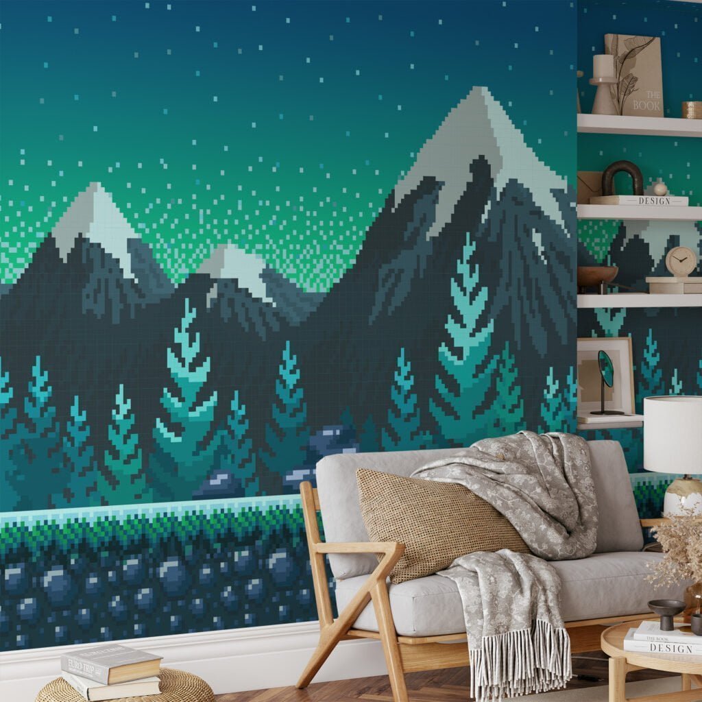 Pixel Art Karlı Dağlar ve Ağaçlar Duvar Kağıdı, Piksel Dağ Zirveleri 3D Duvar Posteri Manzara Duvar Kağıtları 3