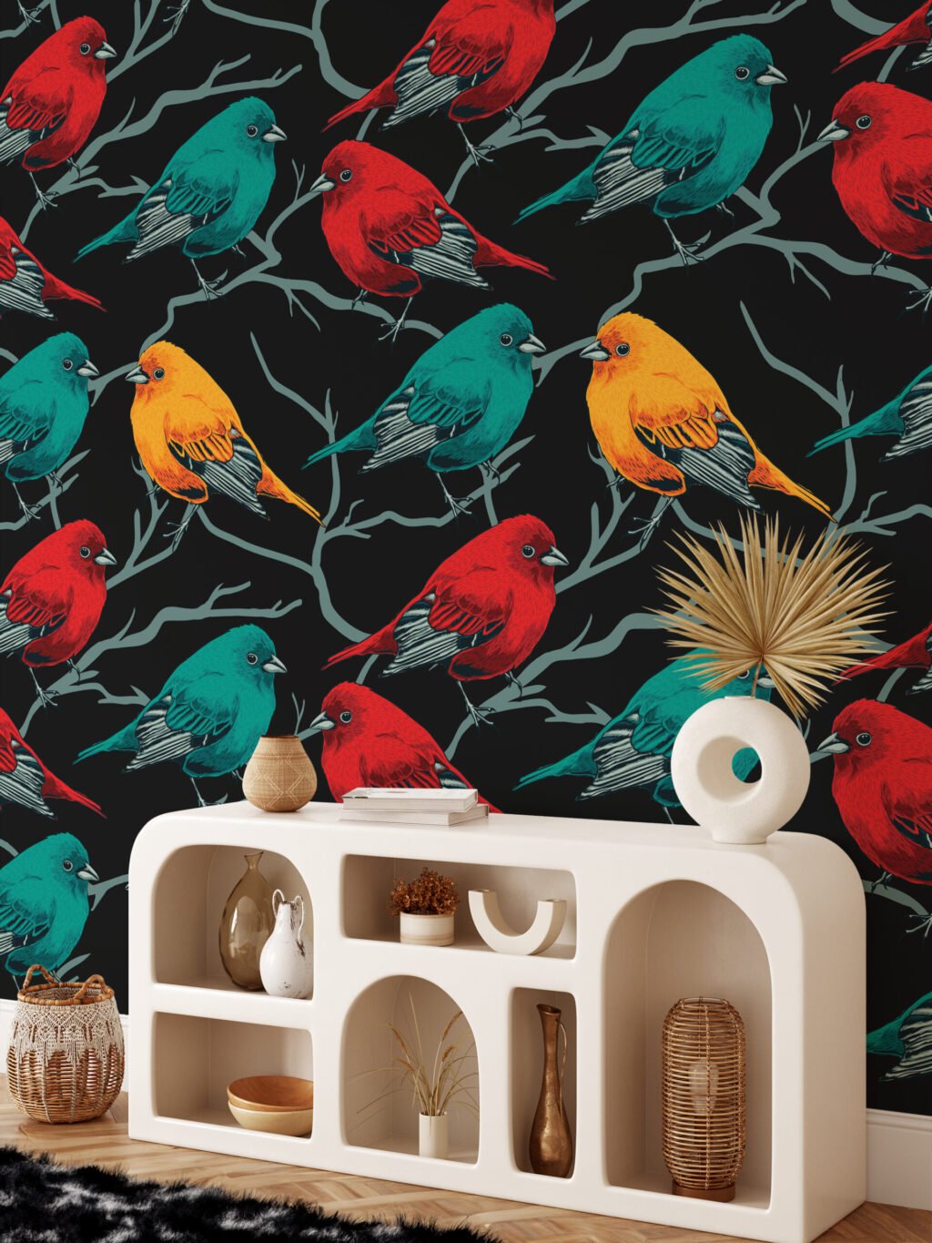 Retro Kuş Desenli Duvar Kağıdı, Siyah Zemin Üzerinde Şarkı Kuşları Duvar Posteri Hayvan Motifli Duvar Kağıtları 5