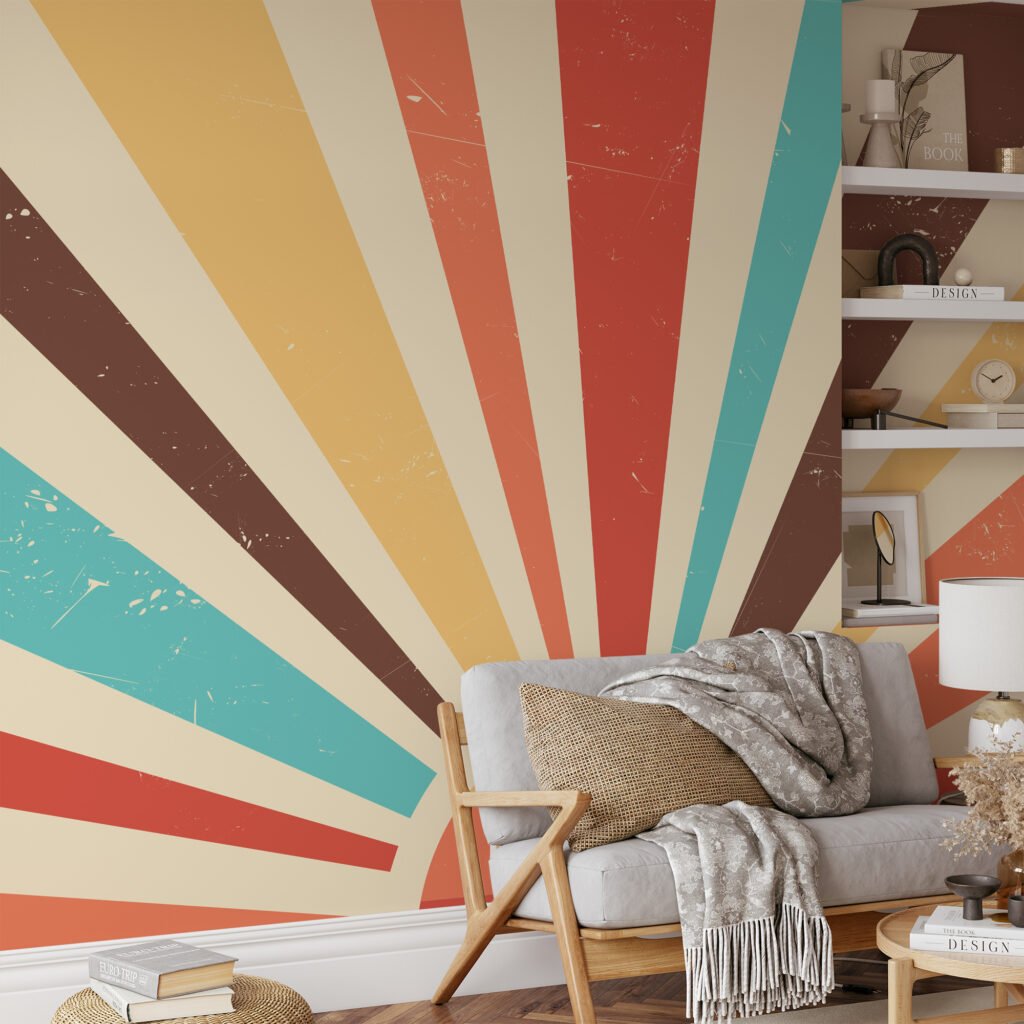 Renkli Retro Güneş Batımı Duvar Kağıdı, Soyut Güneş Işını Desenli 3D Duvar Kağıdı Soyut Duvar Kağıtları 3