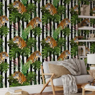 Tropikal Monstera Yaprakları ve Kaplan Duvar Kağıdı, Ormanda Kaplan Desenli Duvar Posteri Hayvan Motifli Duvar Kağıtları