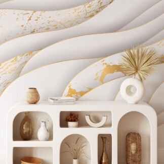 Soyut Üç Boyutlu Kağıt Efektli Açık Renkli Duvar Kağıdı, Zarif Beyaz ve Altın Mermer Desenli 3D Duvar Kağıdı