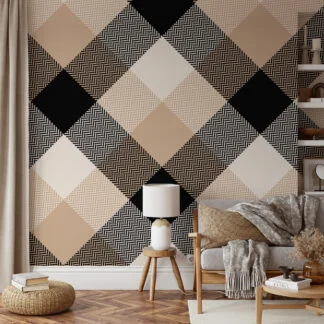 Bej ve Siyah Ekose Klasik Desenli Duvar Kağıdı, Büyük Geometrik Desen 3D Duvar Posteri Geometrik Duvar Kağıtları