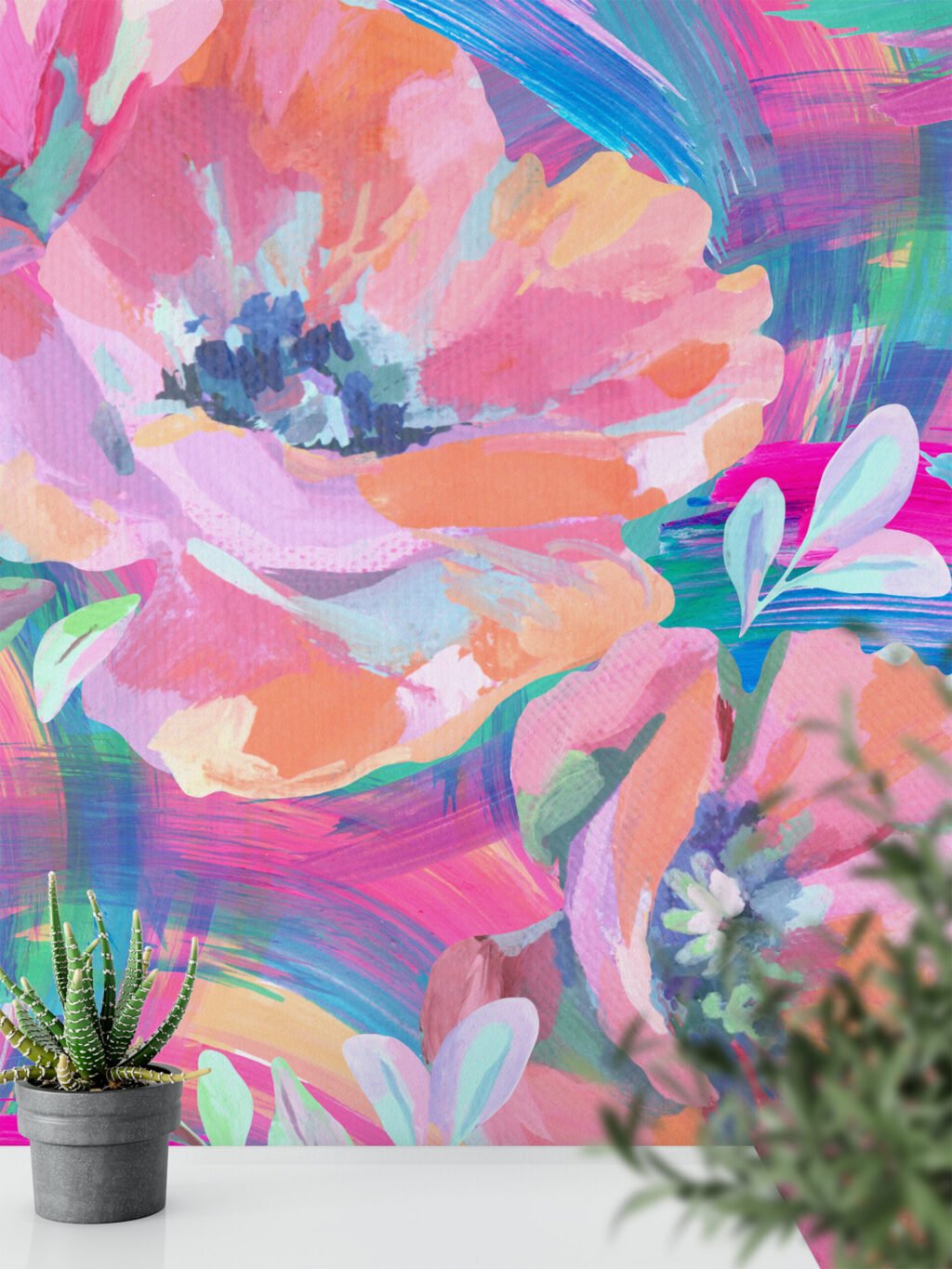 Büyük Soyut Çiçekli Boyanmış Efekt Duvar Kağıdı, Canlı Sulu Boya Çiçekleri Duvar Posteri Çiçekli Duvar Kağıtları 5