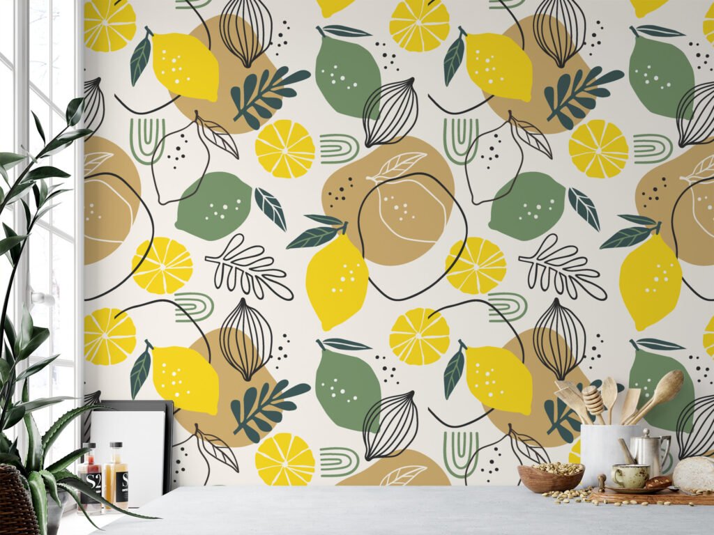 Limon ve Yapraklarla Line Art Duvar Kağıdı, Turunçgil Tasarımı Duvar Posteri Çiçekli Duvar Kağıtları 6