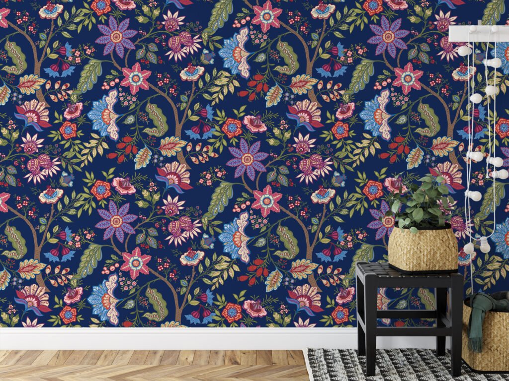 Renkli Floral Paisley Duvar Kağıdı, Lacivert Bahçe Duvar Posteri Çiçekli Duvar Kağıtları 4