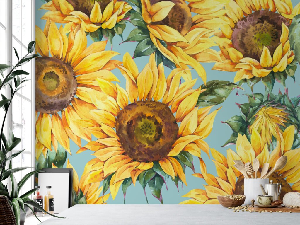 Suluboya Stili Ayçiçekleri Duvar Kağıdı, Ayçiçeği Desenli 3D Duvar Posteri Çiçekli Duvar Kağıtları 4