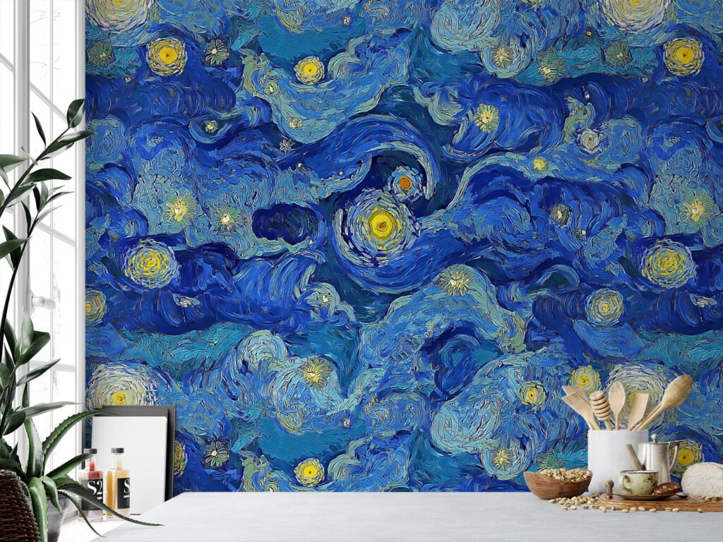 Mavi ve Sarı Soyut Sanatçı Resim Etkili Duvar Kağıdı, Van Gogh Stili Mavi Sanat Duvar Posteri Soyut Duvar Kağıtları 2
