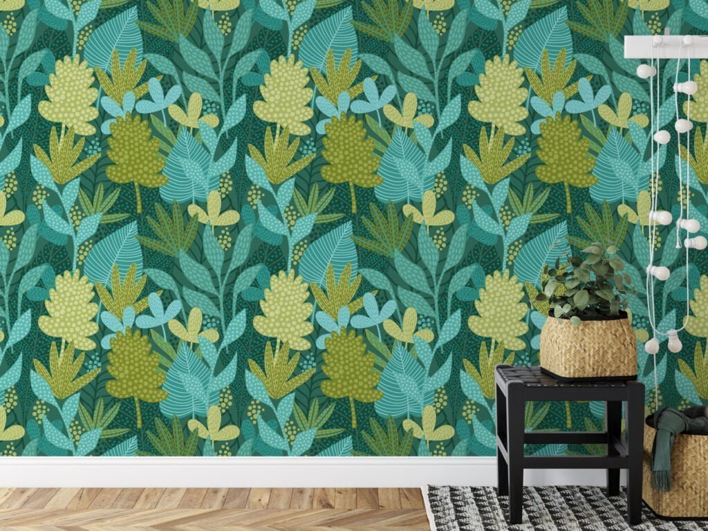 Flat Art Yeşil Tonlu Bitkiler Duvar Kağıdı, Büyülü Tropikal Orman 3D Duvar Posteri Tropikal Duvar Kağıtları 2