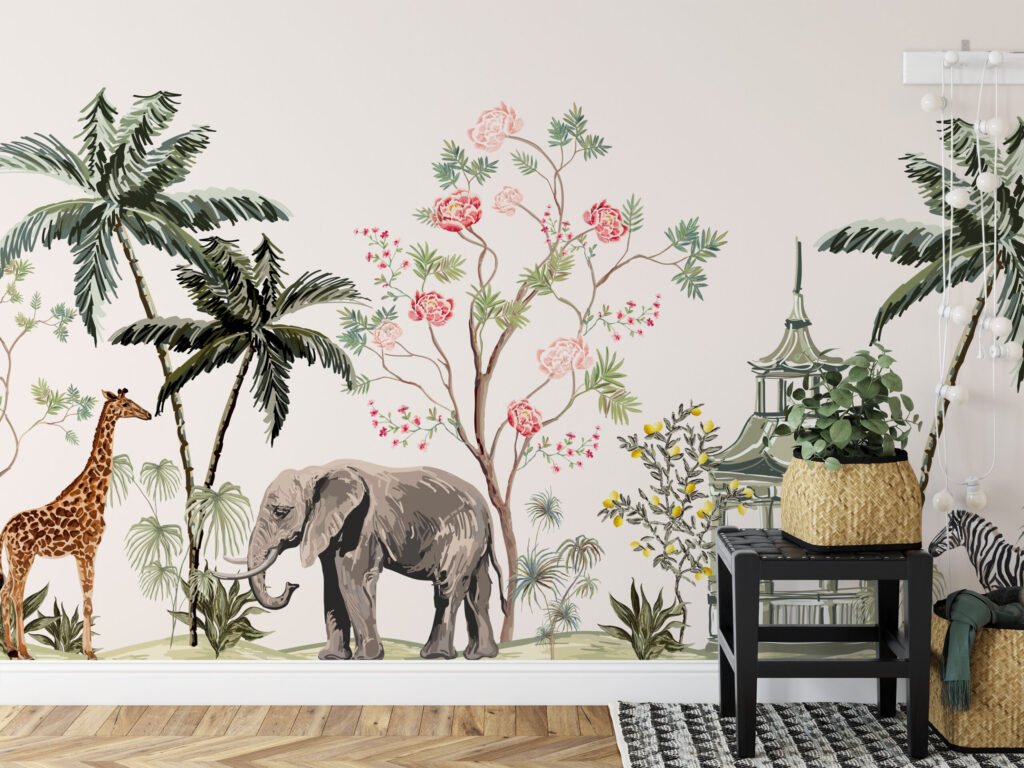 Safari Hayvanları ve Açık Zeminli Palmiye Ağaçları Duvar Kağıdı, Egzotik Hayvan Çin Sanatı Duvar Posteri Çocuk Odası Duvar Kağıtları 3