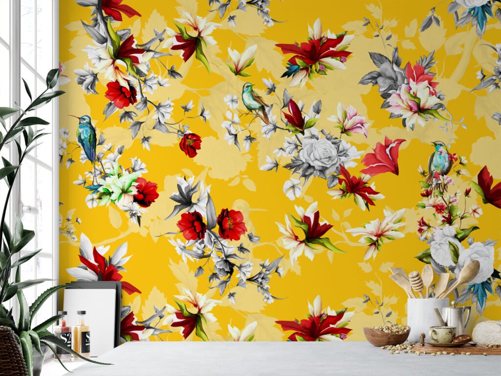 Sarı Çiçekli Kuş ve Çiçekler Duvar Kağıdı, Doğa İlhamlı Dekor Duvar Posteri Çiçekli Duvar Kağıtları 5
