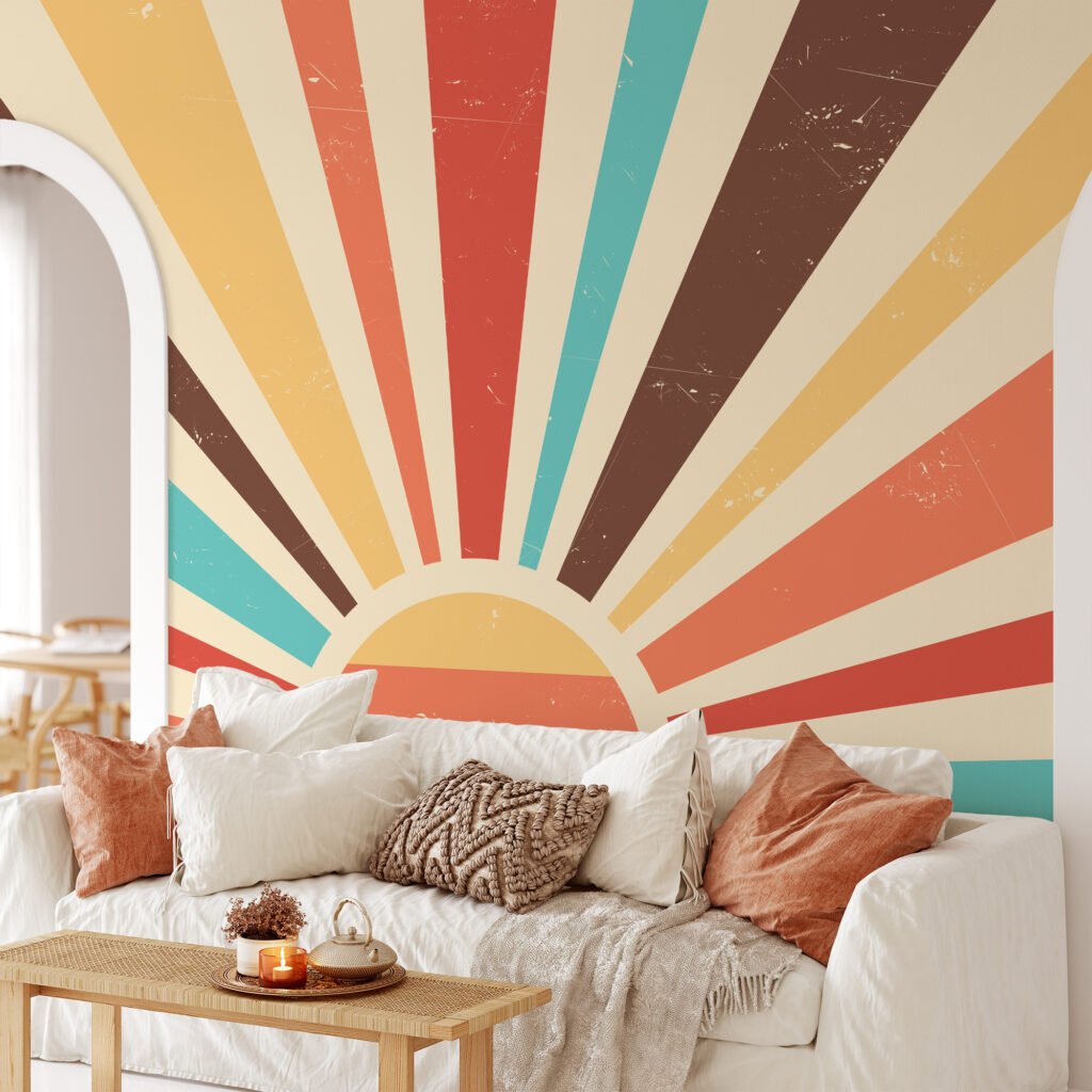 Renkli Retro Güneş Batımı Duvar Kağıdı, Soyut Güneş Işını Desenli 3D Duvar Kağıdı Soyut Duvar Kağıtları 7