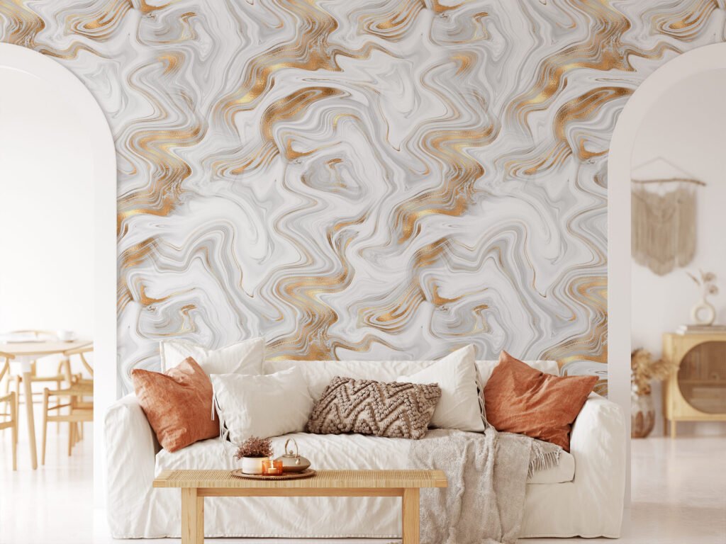 Soyut Beyaz ve Altın Spiral Duvar Kağıdı, Lüks Mermer 3D Duvar Posteri Mürekkep Sanatı Duvar Kağıtları 5