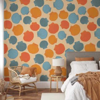 Retro Renkli Deniz Kabukları Desenli Duvar Kağıdı, Geometrik Deniz Kabuğu Figürlü Duvar Posteri Geometrik Duvar Kağıtları