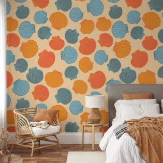 Retro Renkli Deniz Kabukları Desenli Duvar Kağıdı, Geometrik Deniz Kabuğu Figürlü Duvar Posteri Geometrik Duvar Kağıtları
