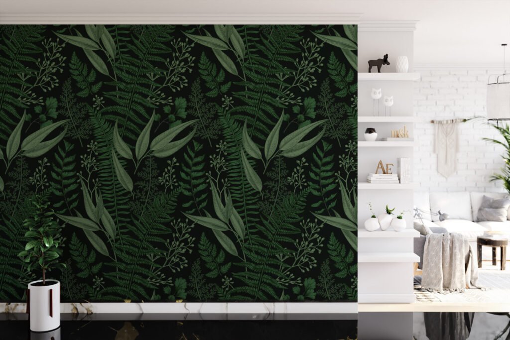 Koyu Yeşil Doğal Yapraklar Siyah Zemin Üzerinde Duvar Kağıdı, Mistik Orman Yaprakları Duvar Posteri Çiçekli Duvar Kağıtları 6