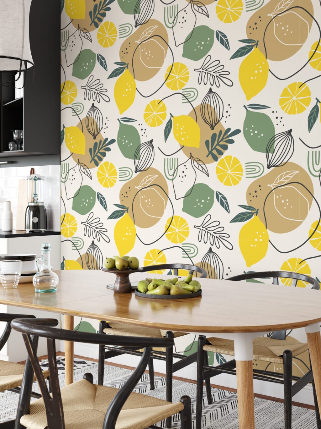 Limon ve Yapraklarla Line Art Duvar Kağıdı, Turunçgil Tasarımı Duvar Posteri Çiçekli Duvar Kağıtları 5