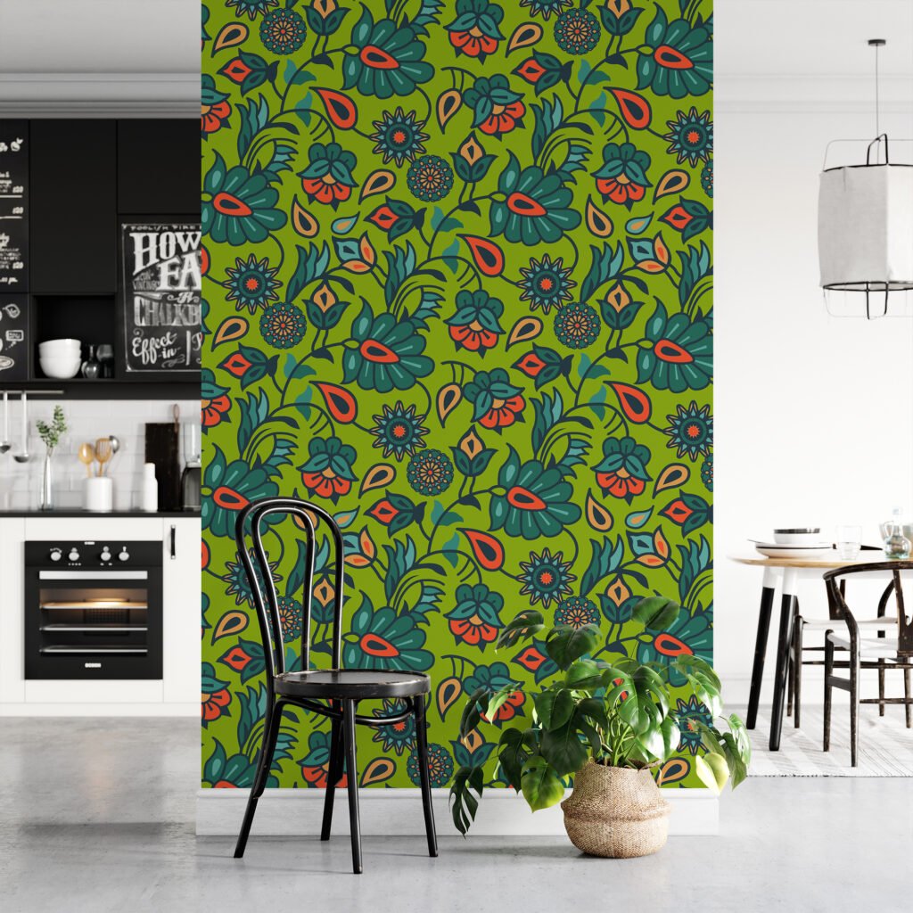 Flat Art Yeşil Çiçek Duvar Kağıdı, Canlı Retro Bahçe 3D Duvar Posteri Çiçekli Duvar Kağıtları 4