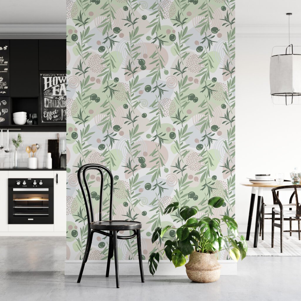 Flat Art Yeşil Zeytin Dalı Tasarımı Duvar Kağıdı, Soft Zeytin Bahçesi 3D Duvar Posteri Çiçekli Duvar Kağıtları 6