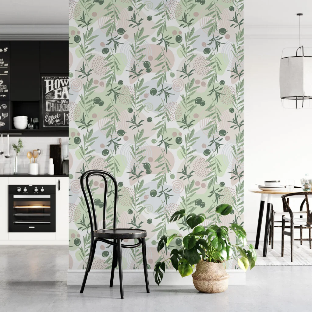 Flat Art Yeşil Zeytin Dalı Tasarımı Duvar Kağıdı, Soft Zeytin Bahçesi 3D Duvar Posteri Çiçekli Duvar Kağıtları 6