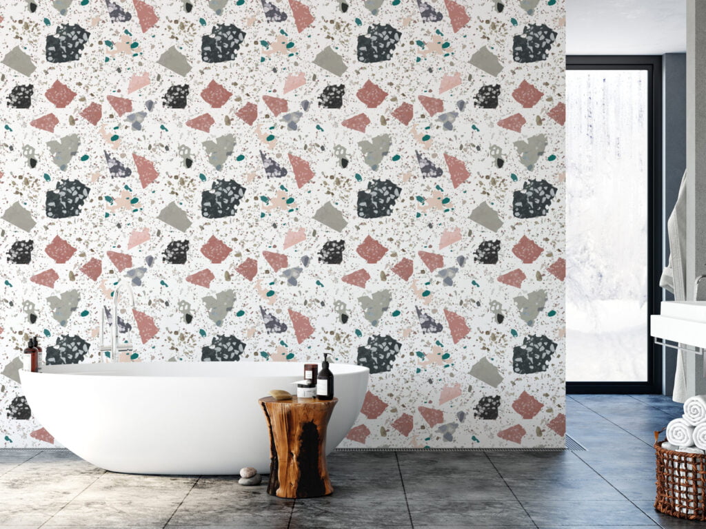 Nötr Renklerde Büyük Terrazzo Deseni Duvar Kağıdı, Soyut Benekli Tasarım 3D Duvar Kağıdı Geometrik Duvar Kağıtları 4