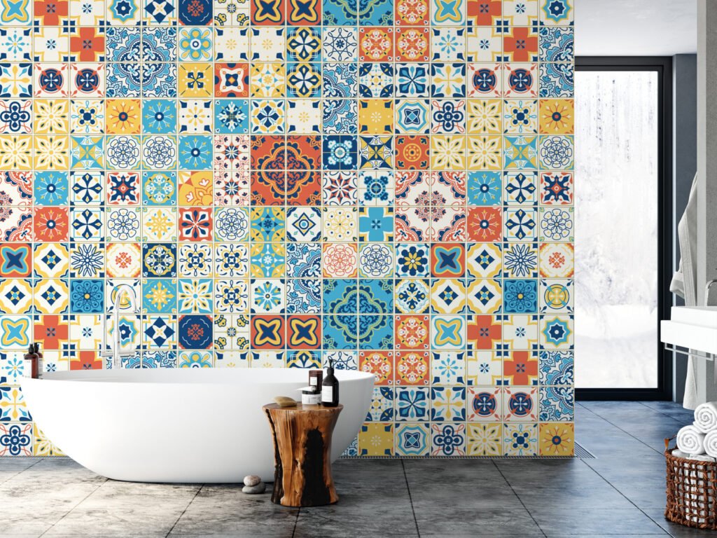 Retro Renkli Mozaik Desen İllüstrasyon Duvar Kağıdı, Akdeniz Cazibesi 3D Duvar Posteri Geometrik Duvar Kağıtları 6